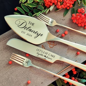 Black Wedding Cake Cutting Set with Forks - Personalized Cake Cutter Serving Set, Engraved Cake Server, Carton or Wooden Gift Box