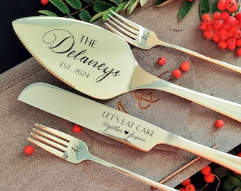 Champagne Wedding Cake Cutter Set with Forks Personalized - Cake Cutting Serving Set, Engraved Cake Server, Carton or Wooden Gift Box