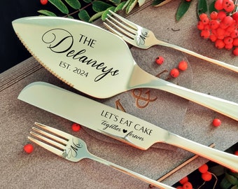 Champagner Hochzeit Tortenheber-Set mit Gabeln personalisiert - Tortenheber Set, Tortenheber mit Gravur, Karton oder Geschenkbox aus Holz