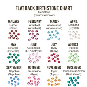 May include: A chart showing the birthstones for each month of the year. The chart lists the gemstone name, its color, and a small image of the gemstone. The chart is titled "Flat Back Birthstone Chart" and "Gemstone (Swarovski Color)".