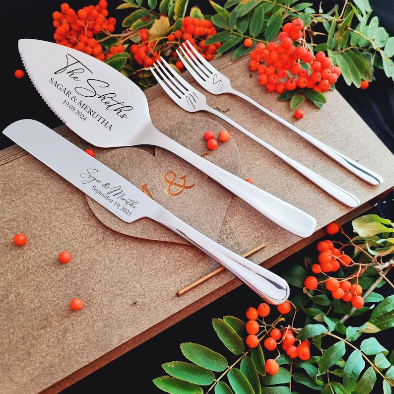 Champagne Wedding Cake Cutter Set with Forks Personalized - Cake Cutting Serving Set, Engraved Cake Server, Carton or Wooden Gift Box