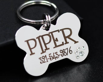Bone Dog ID Tag for Dogs Personalized with Crystals Paw, Custom ID Dog Name Tag, ID Collar Tag, Engraved Dog Tag, Stainless Steel Dog Tag