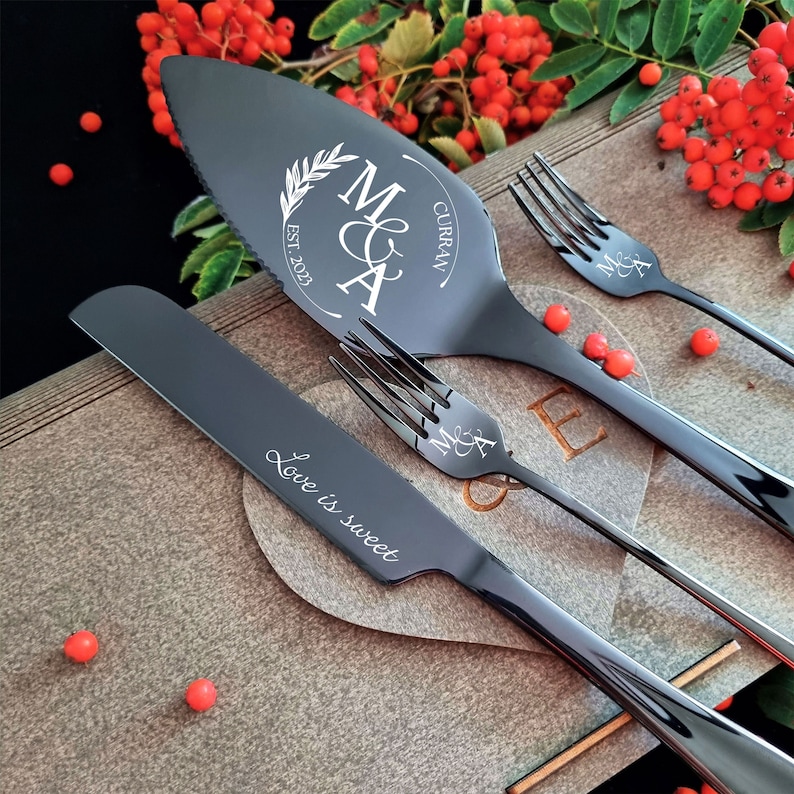 Black Wedding Cake Cutting Set with Forks, Personalized Cake Cutter Serving Set, Engraved Cake Server, Carton or Wooden Gift Box