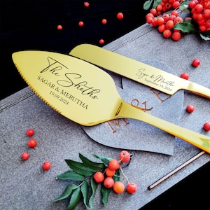 Gouden bruidstaart snijset mes en server - gepersonaliseerde taartvorm serveerset, gegraveerde taartvorm, kartonnen of houten geschenkdoos