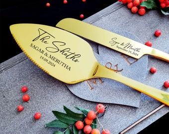 Gold Wedding Cake Cutting Set Knife and Server - Personalized Cake Cutter Serving Set, Engraved Cake Server, Carton or Wooden Gift Box