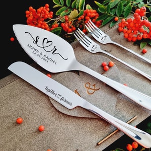 Wedding Silver Cake Cutting Set with Forks - Personalized Cake Cutter Serving Set, Engraved Cake Server, Carton or Wooden Gift Box
