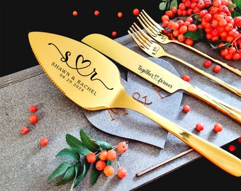 Wedding Gold Cake Cutting Set with Forks - Personalized Cake Cutter Serving Set, Engraved Cake Server, Carton or Wooden Gift Box