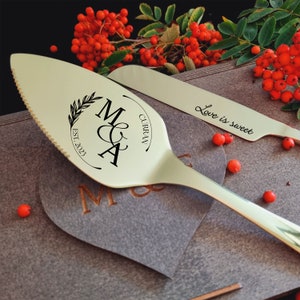 Bruidstaart Snijset Server en Mes Champagne Kleur - Gepersonaliseerde Taartsnijder Serveerset, Gegraveerde Set, Karton of Houten Geschenkdoos