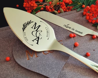 Wedding Cake Cutting Set Server and Knife Champagne Color - Personalized Cake Cutter Serving Set, Engraved Set, Carton or Wooden Gift Box