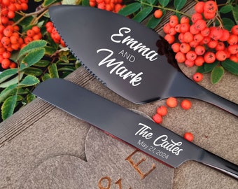 Black Wedding Cake Cutting Set Server and Knife - Personalized Cake Cutter Serving Set, Engraved Cake Server, Carton or Wooden Gift Box