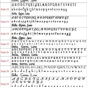 May include: A chart showing different font sizes and styles. The chart includes the alphabet in uppercase and lowercase, as well as the words "Bella, Gizmo, Luna" in each font size.