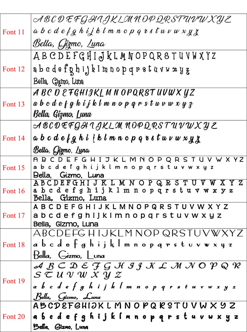 May include: A chart showing different font sizes and styles. The chart includes the alphabet in uppercase and lowercase, as well as the words "Bella, Gizmo, Luna" in each font size.