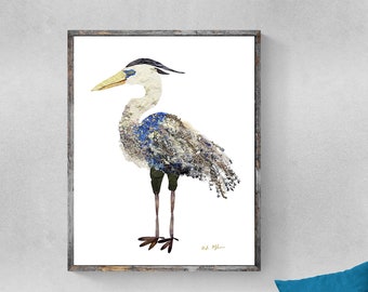 Pressed Flower Blue Heron Print