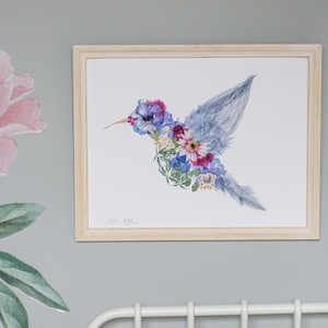 Pressed Flower Hummingbird Print (blues)