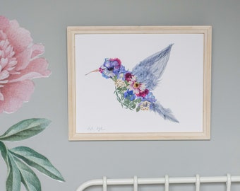 Pressed Flower Hummingbird Print (blues)