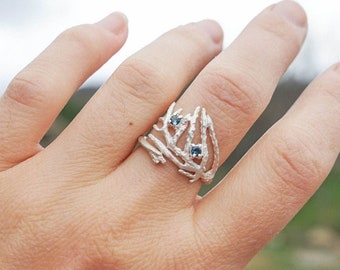 Cedar ring, juniper bark ring, Cedar Wrapped Ring, gift for Nature Lovers, Cedar leaf ring two blue stones, stone ring boho mystical