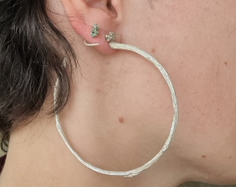 Sterling Silver Twig Hoop Earrings, Large Branch Texture