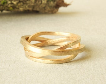 Yellow gold wedding band with three square wraparound ring. Modern minimal wedding ring in gold. Gold Square wedding ring with three band.