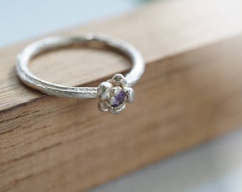 Sterling Silver Succulent Ring, Amethyst Gemstone, Twig Band