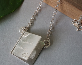 Personalized Silver Book Locket Necklace, Engraved Message Pendant