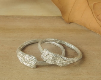 Rustic Sterling Silver Wedding Band Set, Tree Bark Texture, Woodland Rings