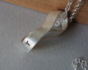 Sterling Silver Mobius Strip Pendant, Engraved Infinity Necklace