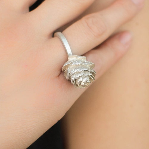 Sterling silver pinecone ring. Silver ring with a large pine cone head. Big silver pinecone ring. Woodland jewelry. Gift for nature lover