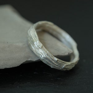 Mens Sterling Silver tree bark Wedding Band Ring. Wedding ring with bark texture. 5mm silver wedding band