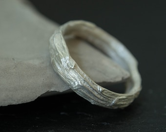 Mens Sterling Silver tree bark Wedding Band Ring. Wedding ring with bark texture. 5mm silver wedding band