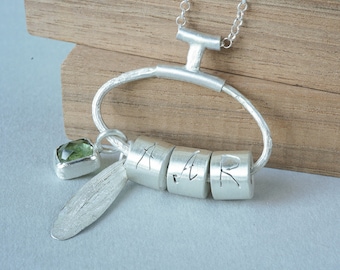 Personalized Branch Necklace, Custom Engraved Name Beads, Leaf & Birthstone