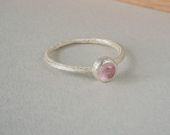 Stacking rings pink gemstone silver twig ring. Stackable silver ring with pink stone. Organic ring with pink cabochon. Pink tourmaline ring.