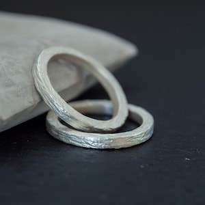 Thin square silver wedding ring with tree bark texture. Simple thin bark stackable wedding band. Simple thin bark ring textured branch.