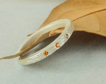 Tree bark wedding ring. Thin ring square silver bark texture with three orange sapphires. Twig ring orange sapphires. Wedding band silver