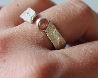 Adjustable Sterling Silver Ring, Pink Tourmaline Cabochon, Bark Texture