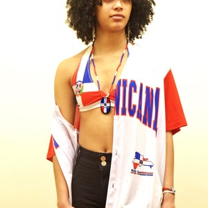 Dominican Republic Flag-Designed Button-Up Baseball Jersey image 3