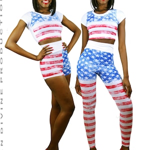 American Flag-designed 2-Piece Crop Top & Shorts or Leggings Set + PhotoNovel