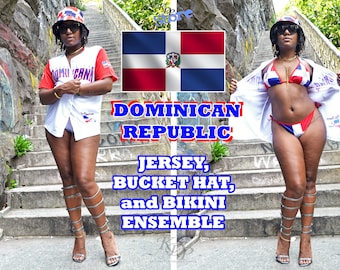 DOMINICAN REPUBLIC Swimsuit Jersey Shirt and Bucket Hat Ensemble + Shorts + Photonovel