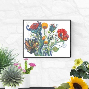 Bohemian wall art, Eclectic, Colorful dancing flowers, from an original watercolor, 11 x14 or 8 x 10