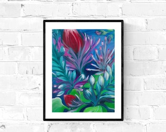 Vibrant wall art, deep purples and rich teals. A print of an abstract, floral, acrylic painting