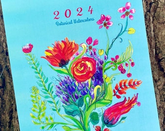 2024 Colorful Wall Calendar, Vibrant watercolors of whimsical flowers, Appointment Calendar