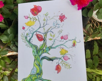Hand Painted Tree Note Cards: Whimsical Illustrated Stationery, Set of 5