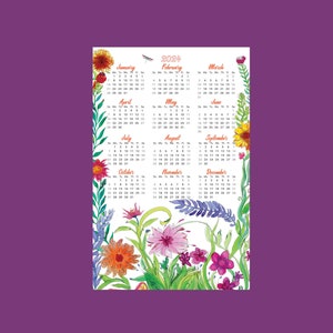 2024 year at a glance with illustrated wildflowers, colorful bohemian art