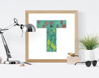 Floral Monogram Letter T Coloring Page (Digital Download)