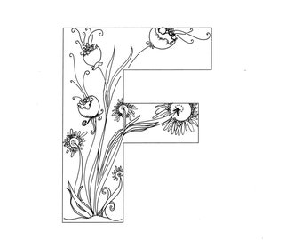 Floral Monogram Letter F Coloring Page (Digital Download)