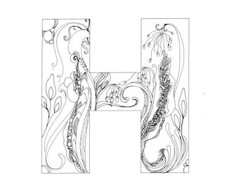 Floral Monogram Letter H Coloring Page (PDF & PNG)