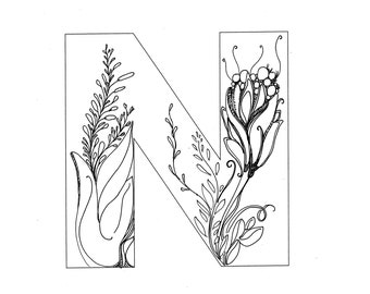 Floral Monogram Letter N: DIY Coloring Page (PDF & PNG)