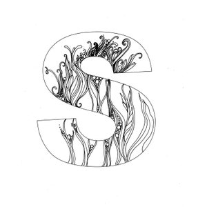 May include: A black and white illustration of the letter 'S' with a floral design inside the letter.