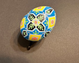 Blue Yellow with Green Leaves Geometric Pysanka