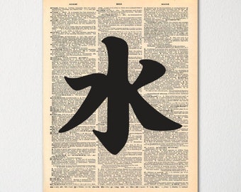 Kanji &quot;Water&quot; Japanese Dictionary Art Print / Vintage Dictionary Paper