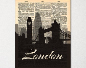 Londres Inglaterra City Skyline Diccionario Arte Impresión / Cartel de la ciudad / Decoración del arte de viaje